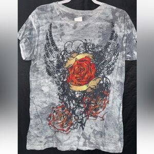 Graphic Short Sleeve Tee - Gray and Red bling wings Y2K xl
